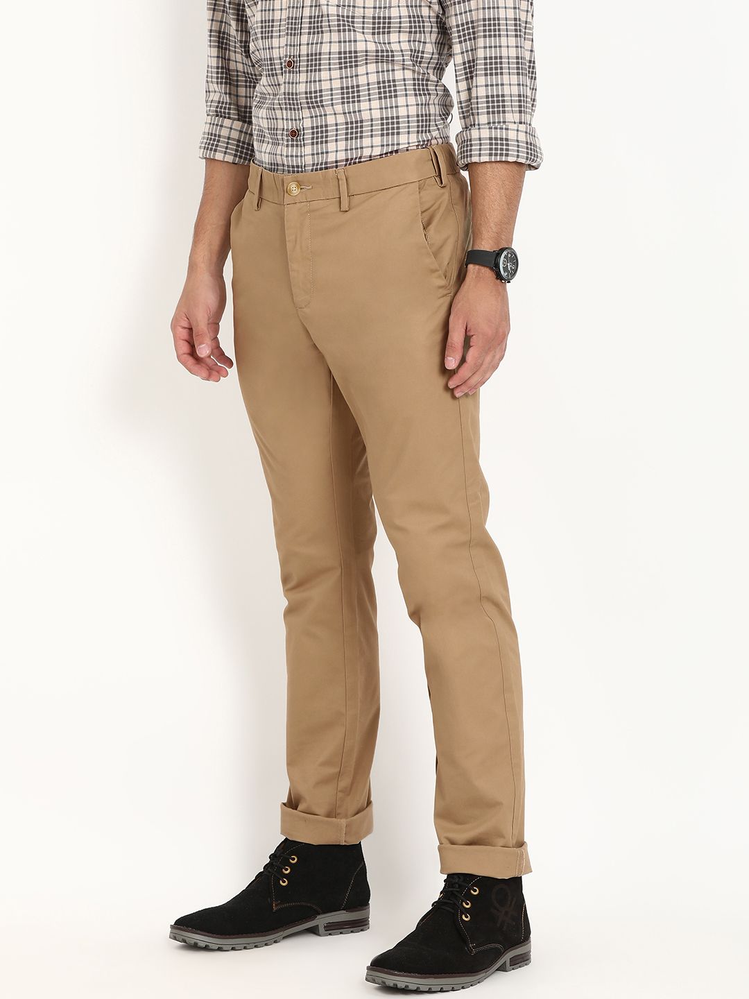 Indian Terrain Khaki Slim -Fit Flat Trousers - Buy Indian Terrain Khaki Slim -Fit Flat Trousers 