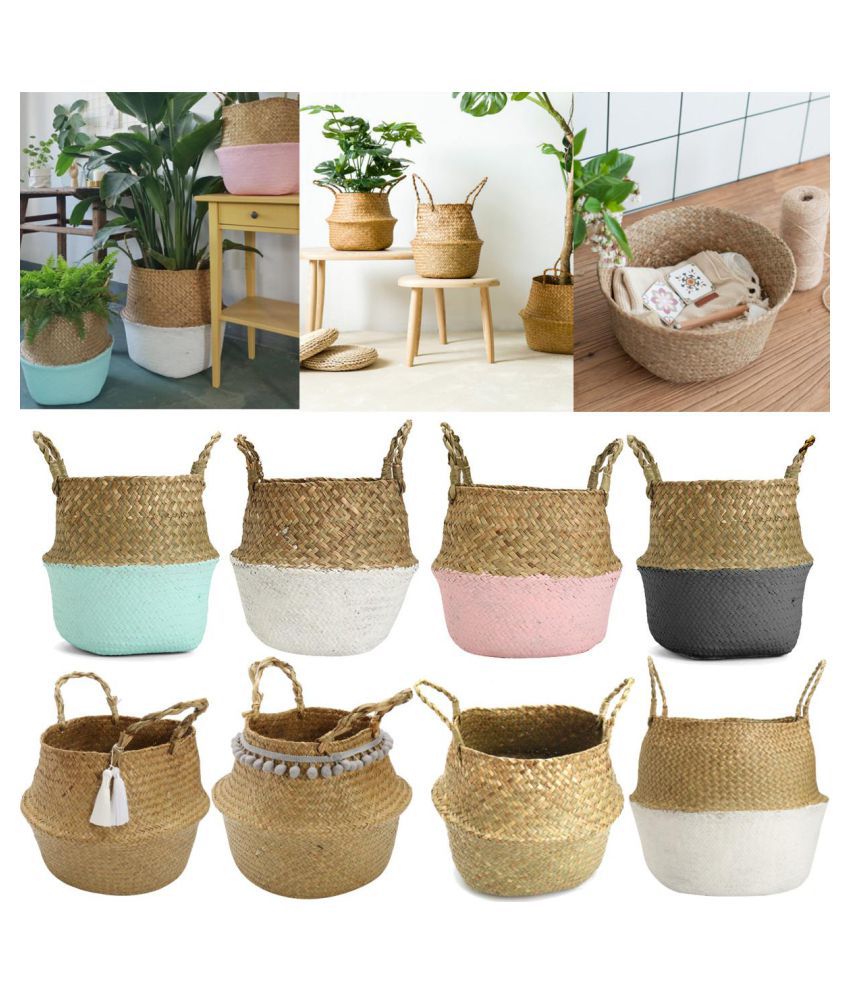 Foldable Seagrass Belly Woven Storage Basket Flower Plant Pot Bag Laundry Decor 
