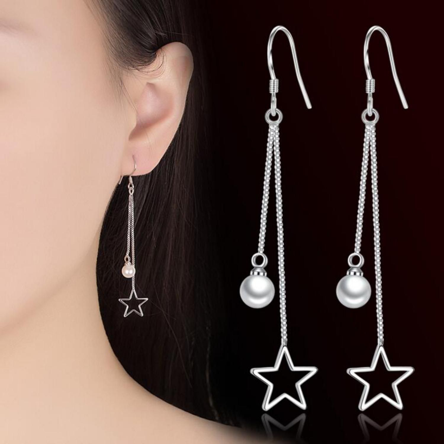 Dazzling Sterling Silver Hollow Star Pearl Dangle Earring For Women ...