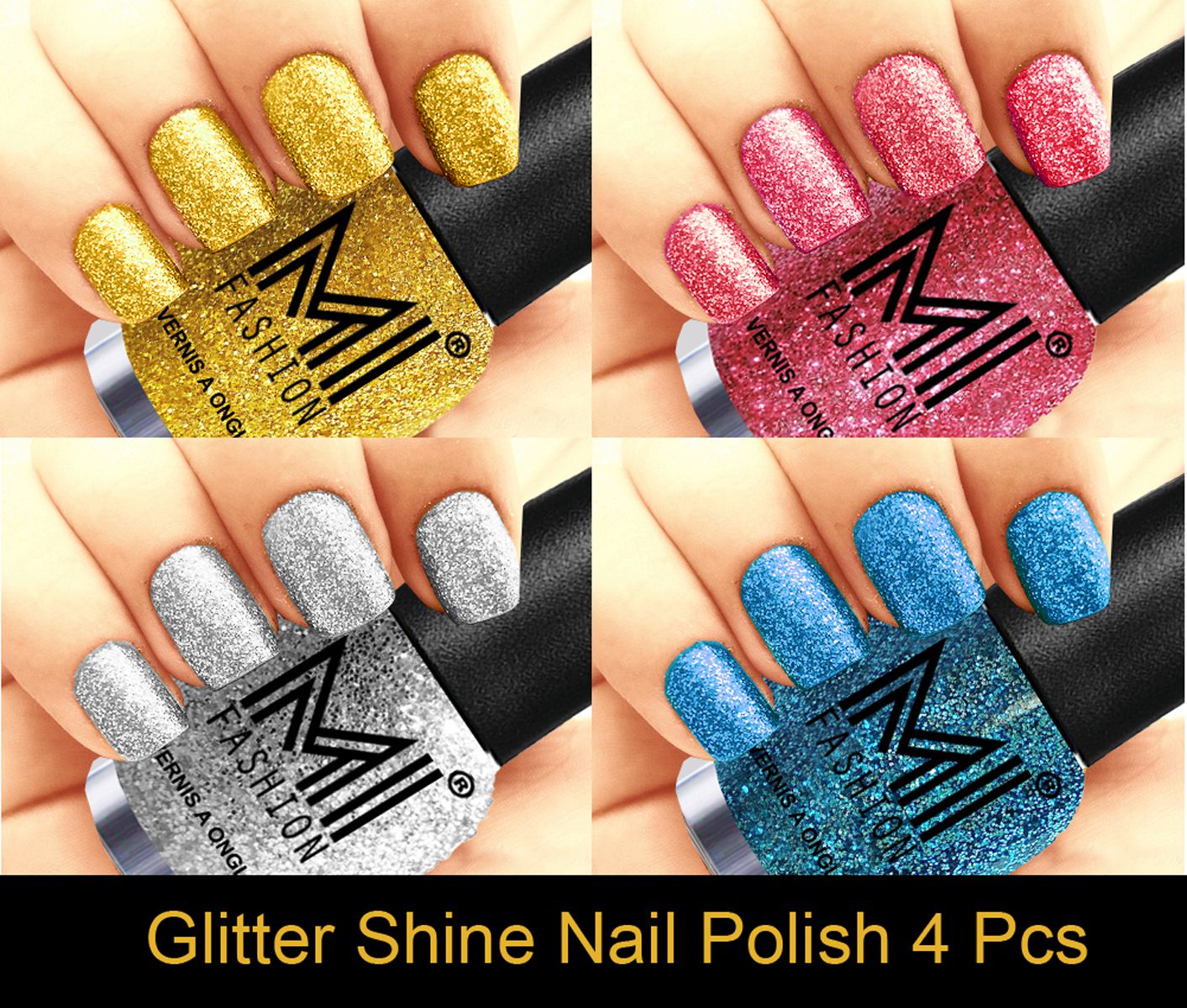     			MI FASHION Long Lasting Professional Glitter Nail Polish Golden Gold,Pink,Silver,Sky Blue Glitter Pack of 4 mL