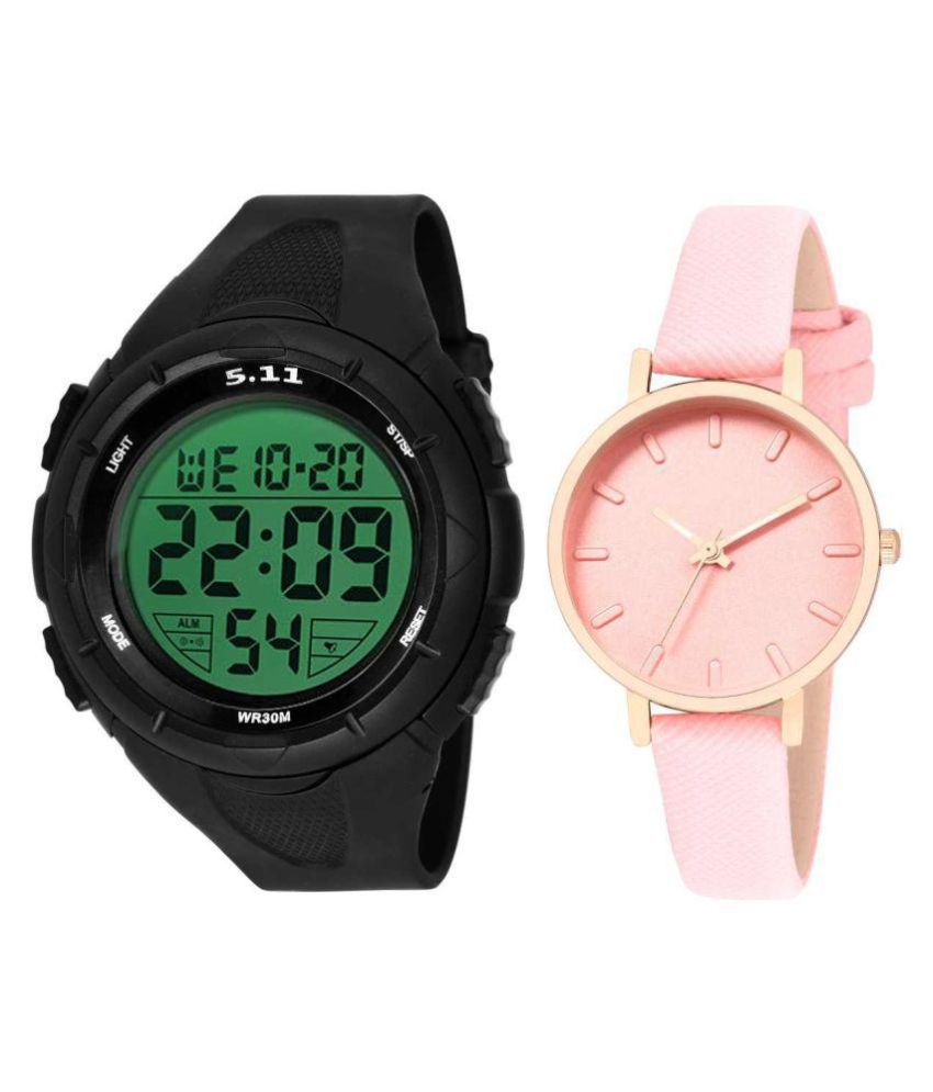     			digital sports men watch with Pink slim style leather watch