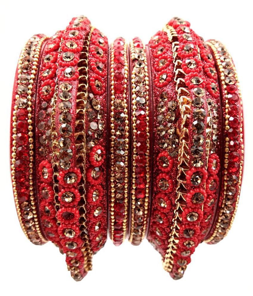 Chudi Bazaar 2 kada 4 chudi set gold and red bangdi chain set: Buy Chudi Bazaar 2 kada 4 chudi 