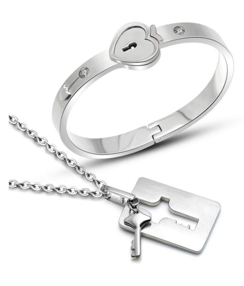 Unique Design Engraved Lock and Key Stainless Steel Couple Bracelet Pendant Necklace Set for