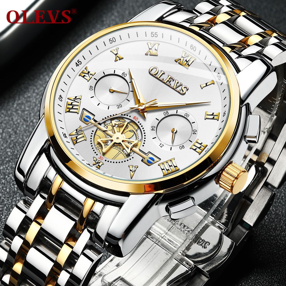 OLEVS Mens White Dial & Silver color Stainless Steel Strap Chronograph ...