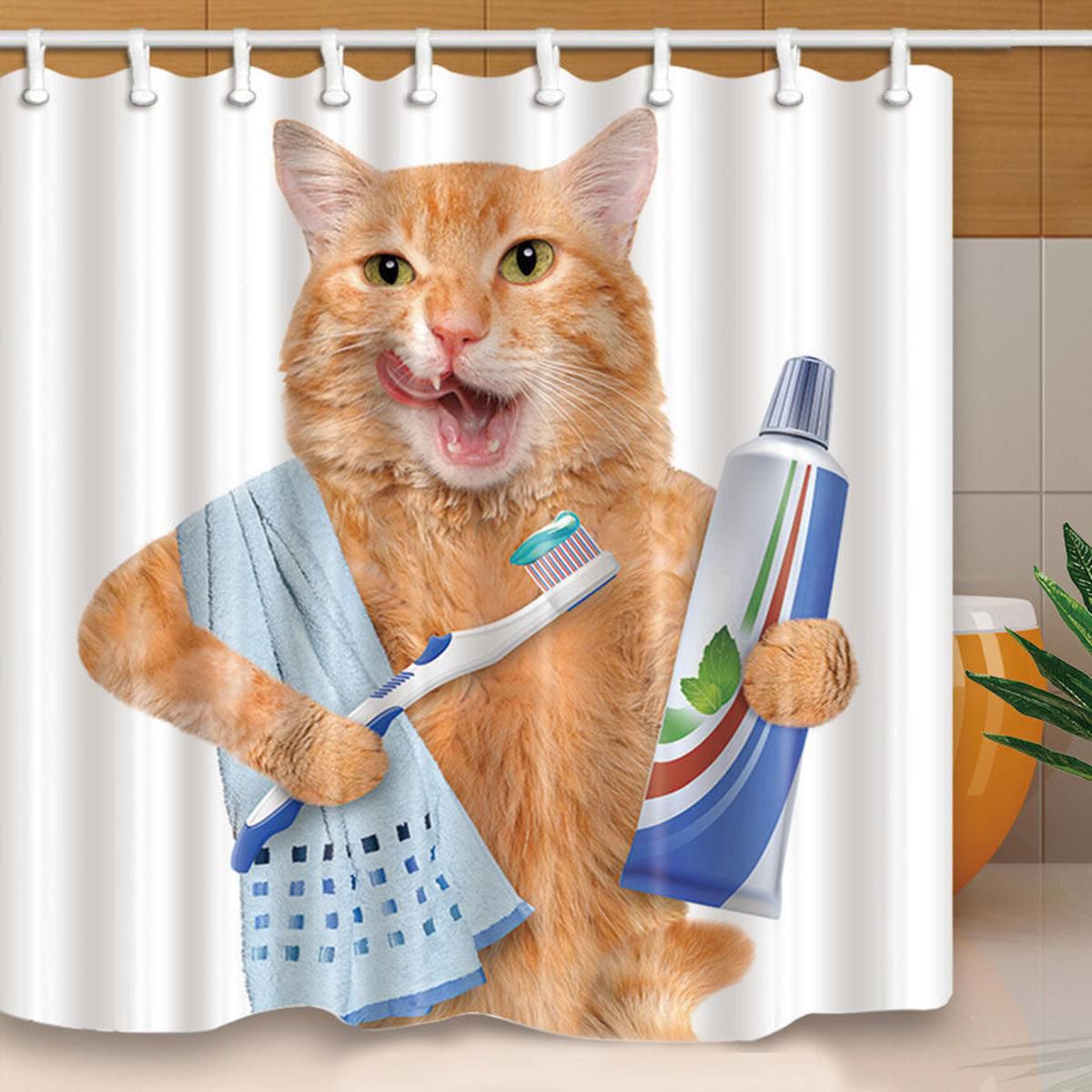 Morning Cat Waterproof Polyester Shower Curtain Home Bathroom Decor with Hooks 