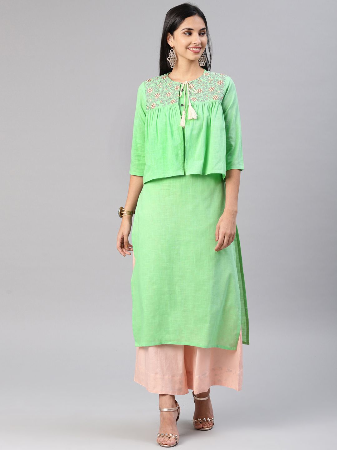     			Alena - Green Cotton Women's Jacket Style Kurti