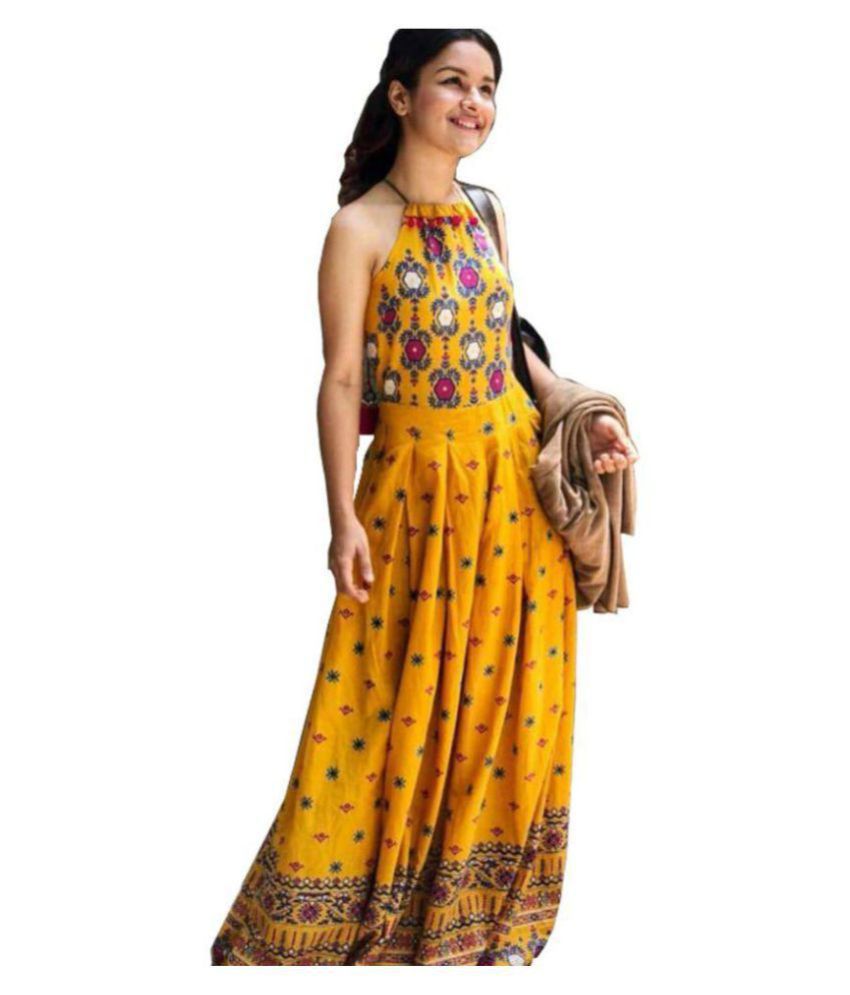 Elflady Cotton Yellow Fit And Flare One Piece Western Dress Women
