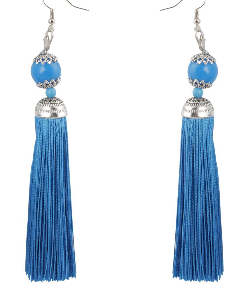     			Silver Shine Trendy Blue Long Thread Tassel Earrings for Women