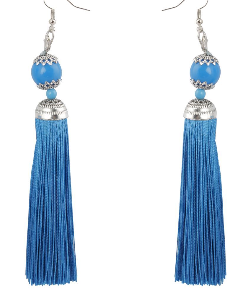     			Silver Shine Trendy Blue Long Thread Tassel Earrings for Women