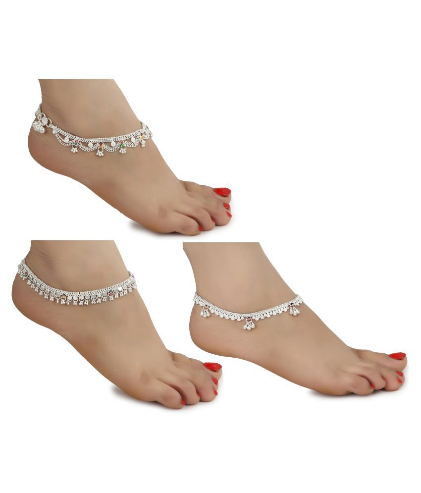     			AanyaCentric Combo of Three Pair Indian Traditional Ethnic Fancy Foot Jewelry Pure Silver Plated White Metal Alloy Ghunghru Payal Stylish Leg Chain Imitation Anklets for Women and Girls (Set of 3)