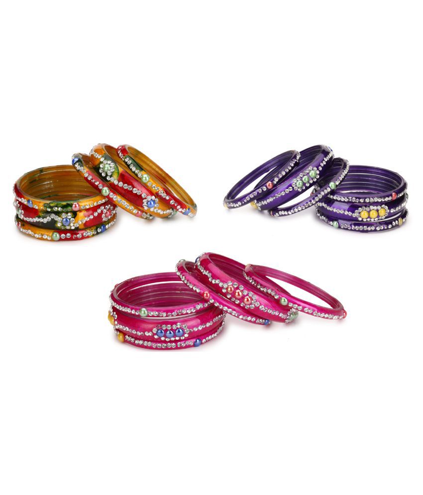     			AFAST Glass Bangle Cum Kada Ornamented With Colorful Chips Set Of Three Matching And Trendy Color(Six Piece Each Color)-co25