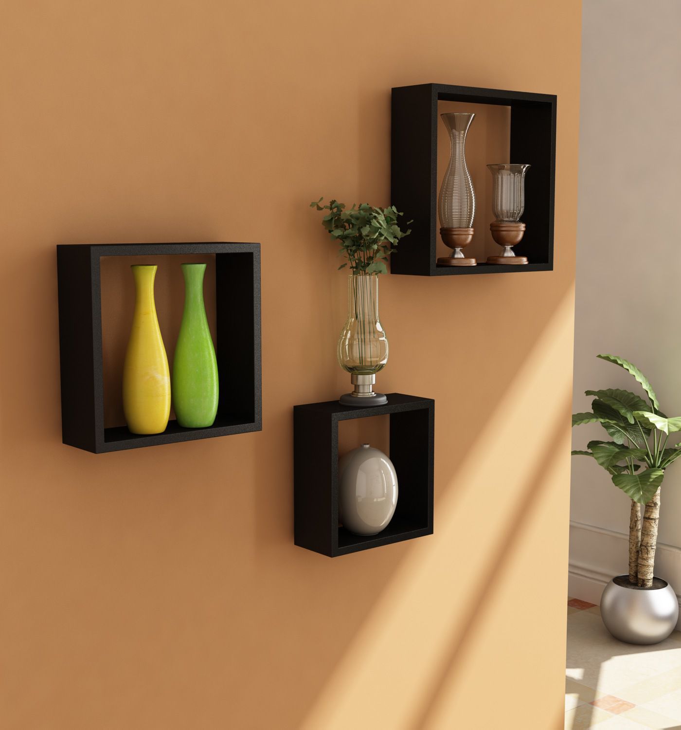 Home Sparkle MDF Set of 3 Square Wall Shelves For Wall Décor -Suitable For Living Room/Bed Room (Designed By Craftsman)