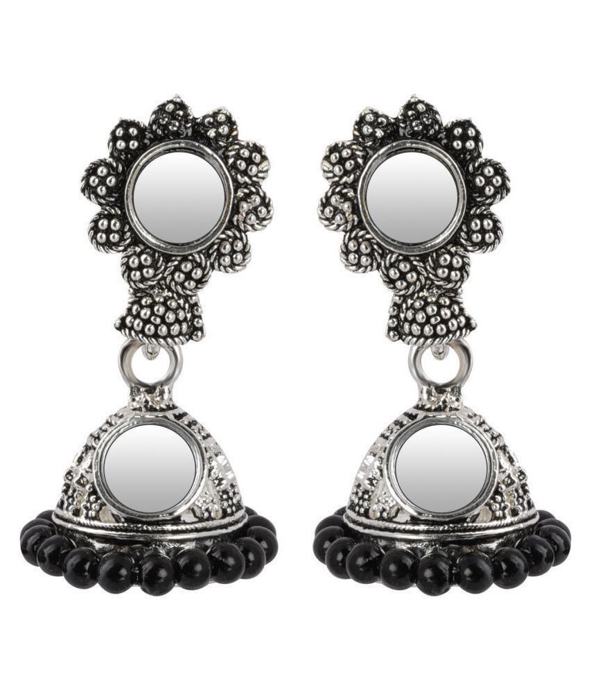     			Silver Shine Spunky Green Mirror with Beads Jhumki Earrings.