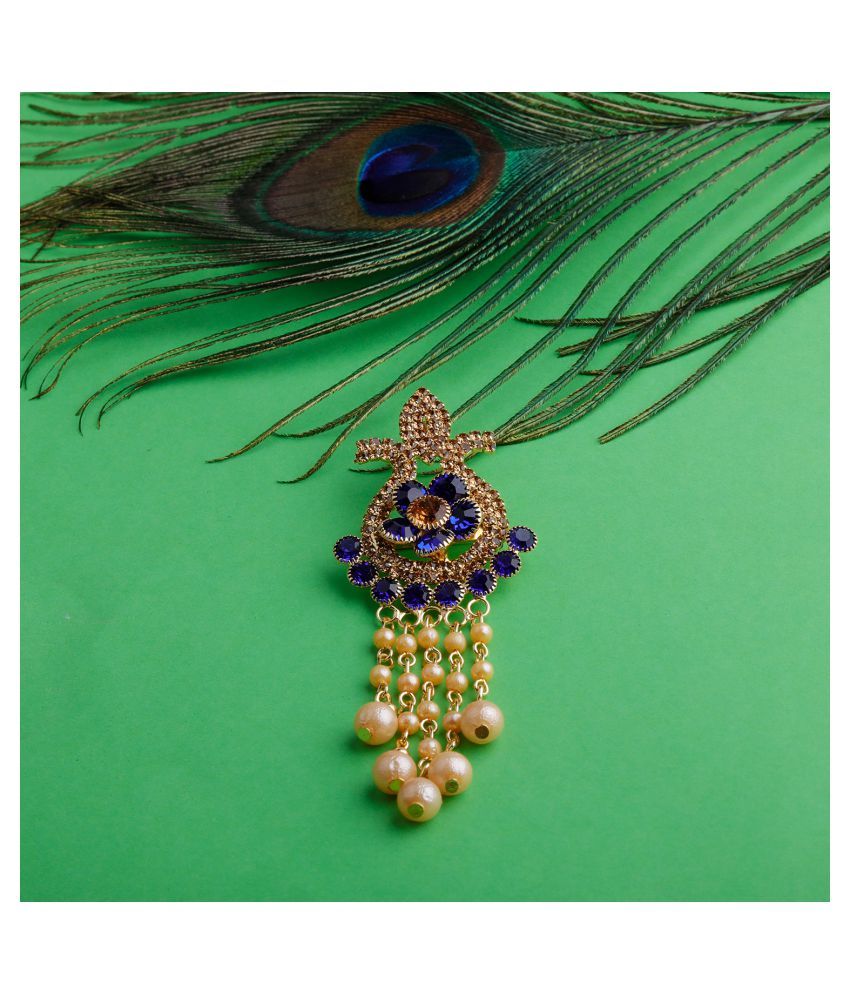     			Silver Shine Traditional Gold Plated Antique Royal Blue Colour Diamond Studded Pearl Drop Designer Wedding Brooch For Unisex Jewellery