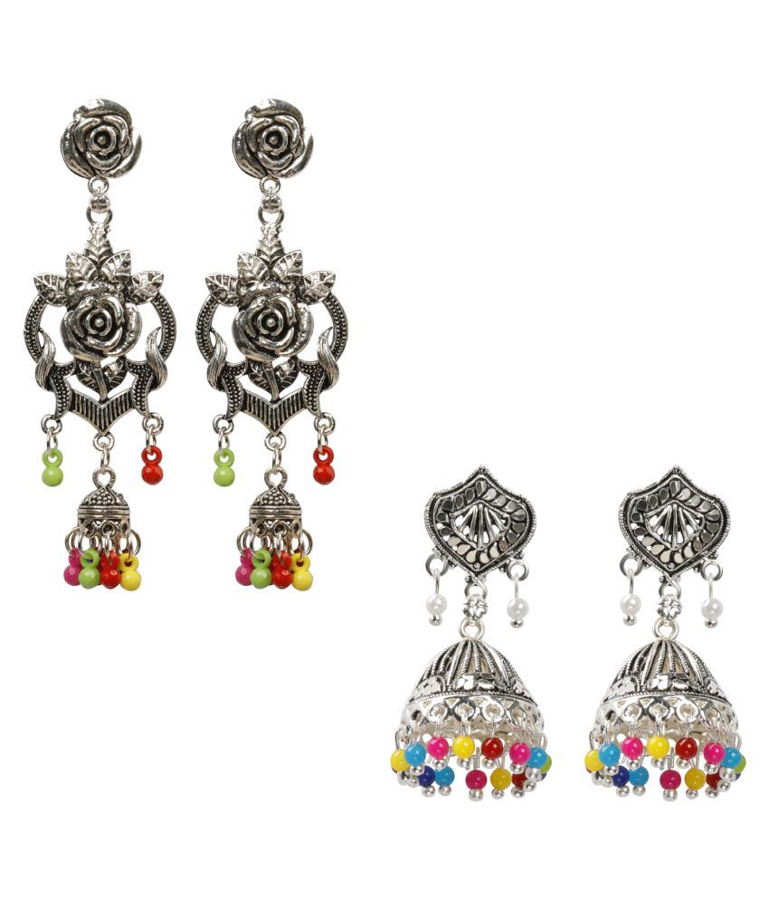     			Silver Shine Partywear Traditional Multi Bead Drop Earrings combo set pair of 2  For Girls And Women