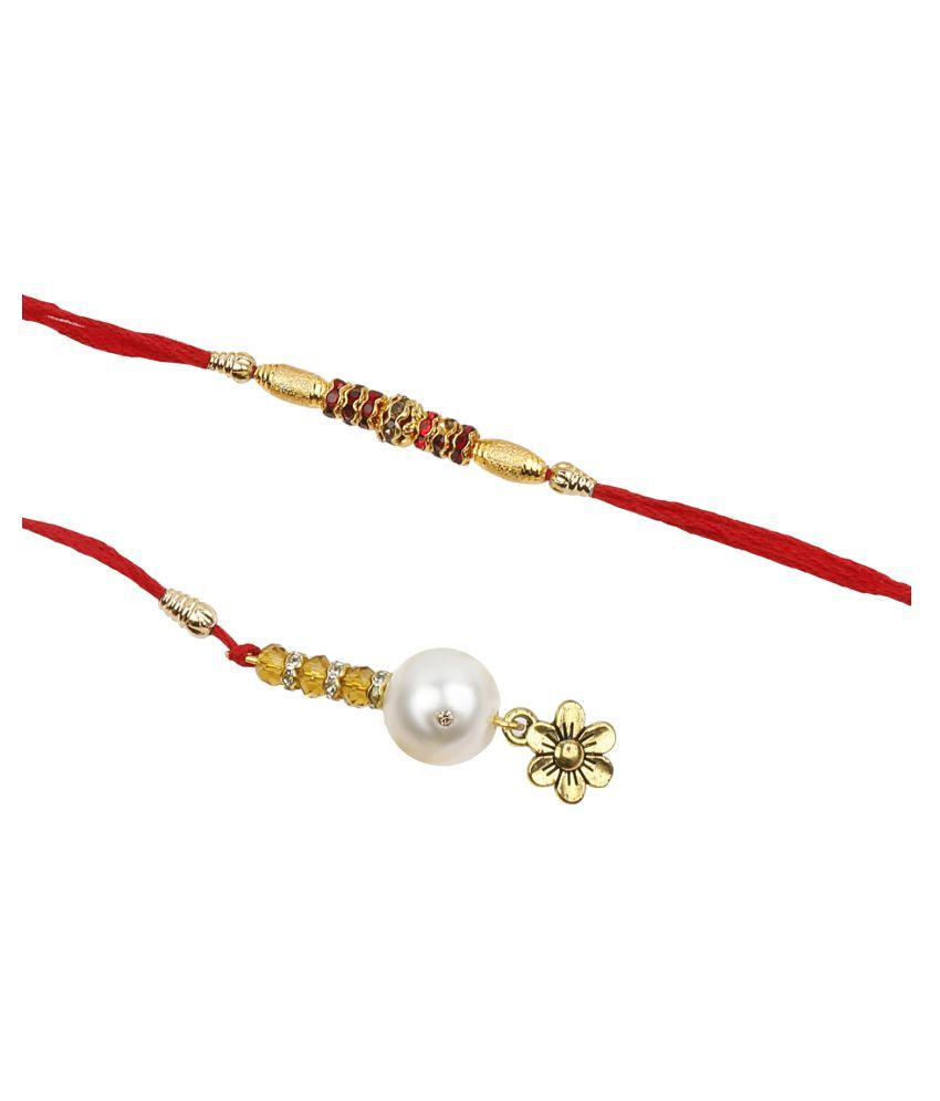     			Silver Shine Red Stone Studded Designer Rakhi Combo for Bhaiya and Bhabhi