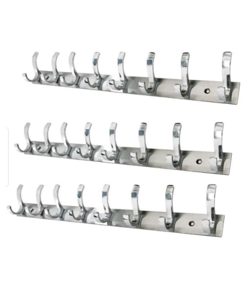     			DEEPLAX HOOKS RAIL SET OF 3 STAINLESS STEELS PREMIUM FESCUE DUAL EDGE 8 HOOKS CLOTHES HANGER BATHROOMS WALL DOOR HOOKS FOR HANGING KEYS CLOTHES 8 PRONGED HOOK RAIL