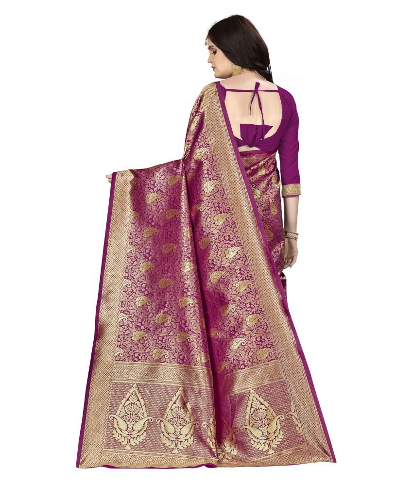 purple banarasi saree with contrast blouse