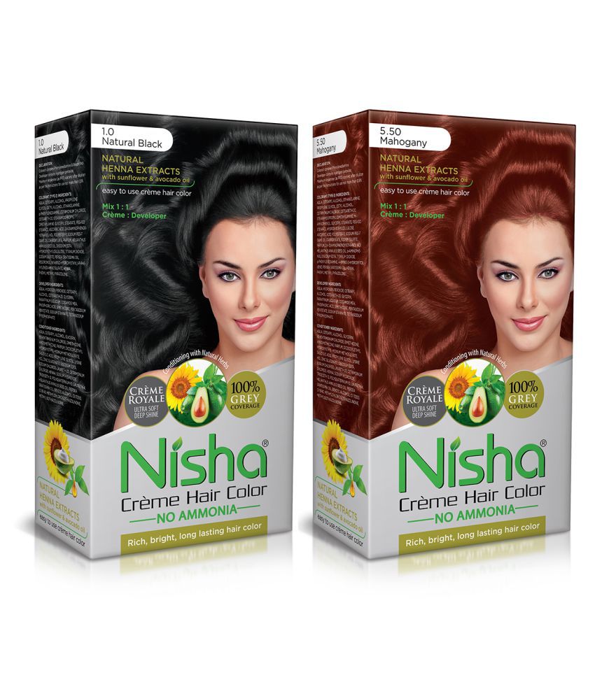     			Nisha (60gm, 60ml, 12ml) Cream Each Pack Permanent Hair Color Mahogany Natural black 1 & Mahogany 5.5 120 mL Pack of 2