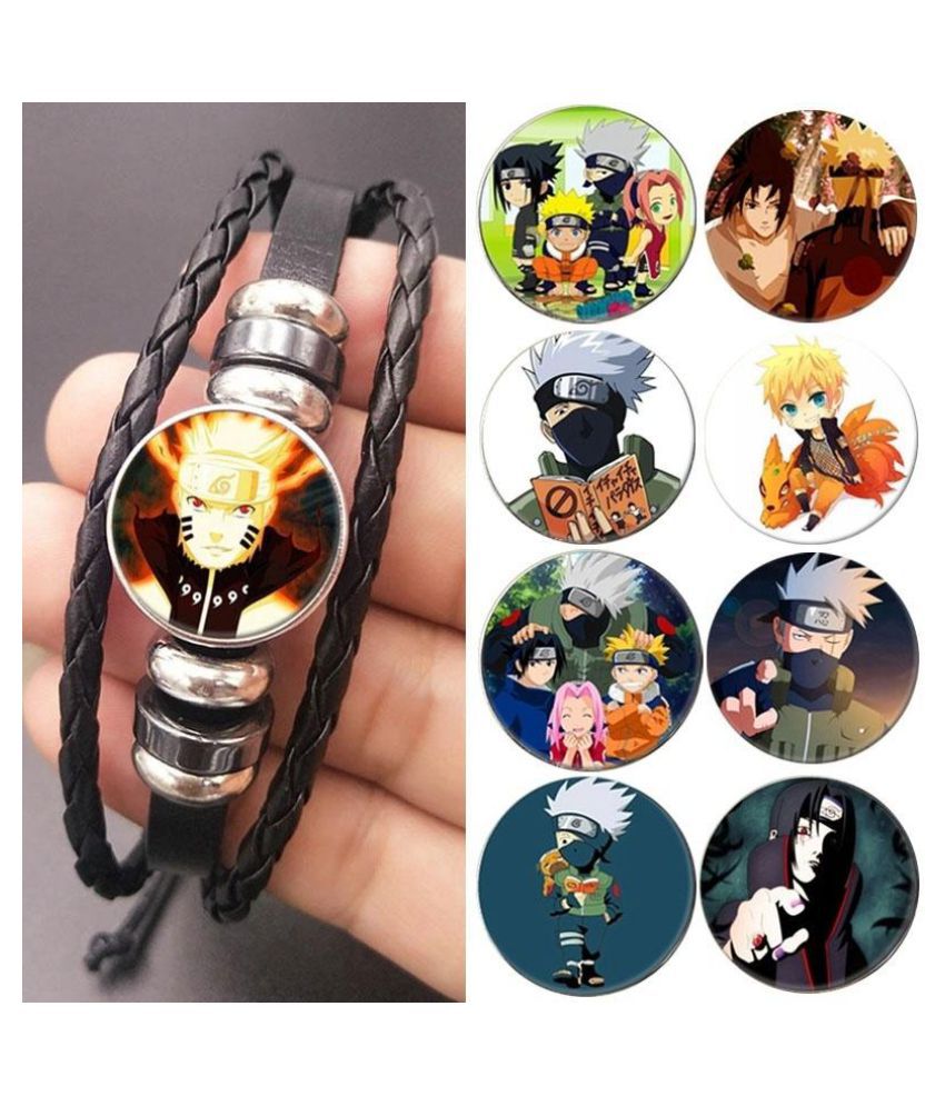 Baoleiju 3-Row Glass Naruto Characters Pattern Time Gem Cabochon Leather Bracelet with Jewelry Box,Naruto Bracelet for Boys,Girls