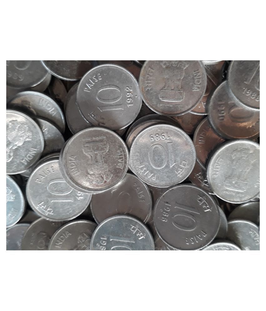     			100 COINS LOT - 10 PAISE STAINLESS STEEL MIXED YEARS - INDIA - 1988 1989 1990 1991 1992 1993 1996 1997