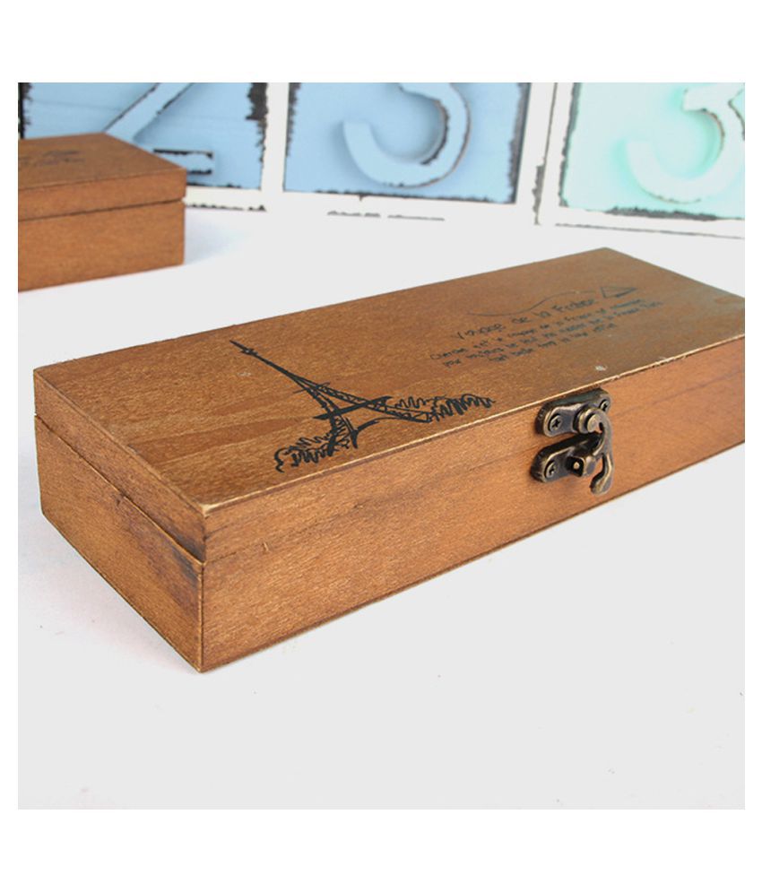 Retro Eiffel Tower Pen Pencil Case Holder Stationery Storage Wood Wooden Box Nos
