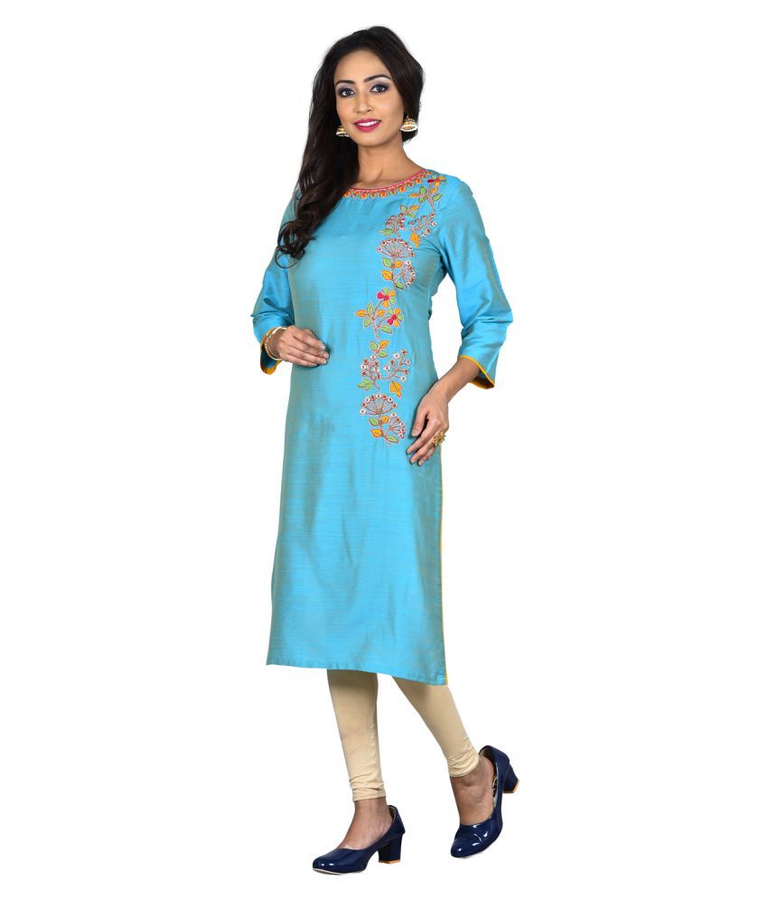 J JADU Blue Silk Straight Kurti - Buy J JADU Blue Silk Straight Kurti ...