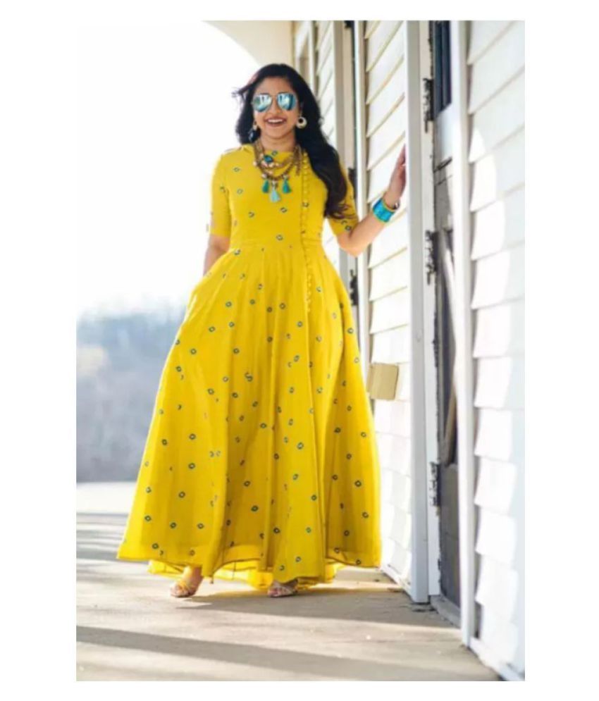     			SHANTIPANCHAM V1 FASHION Yellow Rayon A-line Kurti