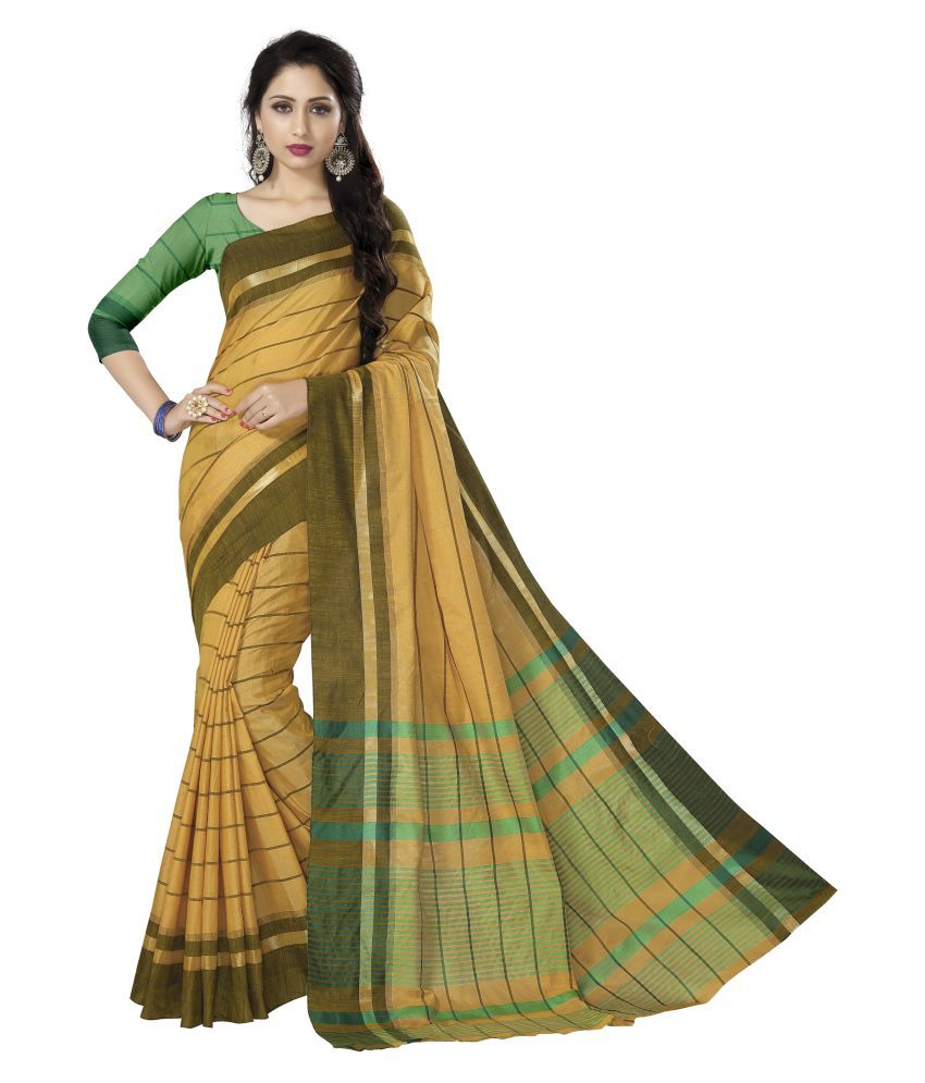     			FABMORA Brown,Green Cotton Blend Saree