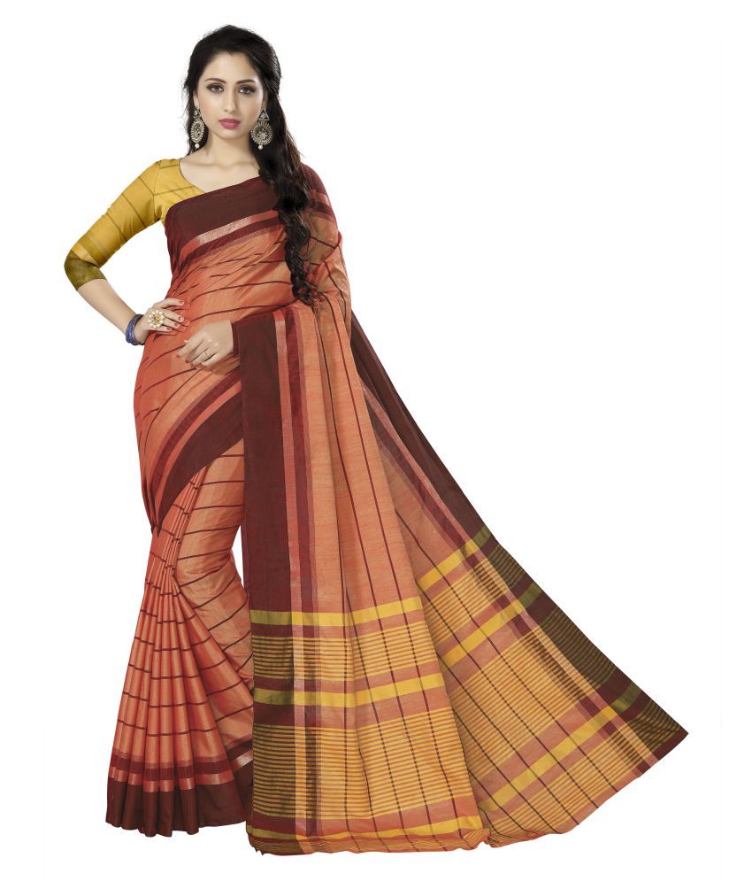     			FABMORA Brown,Orange Cotton Blend Saree