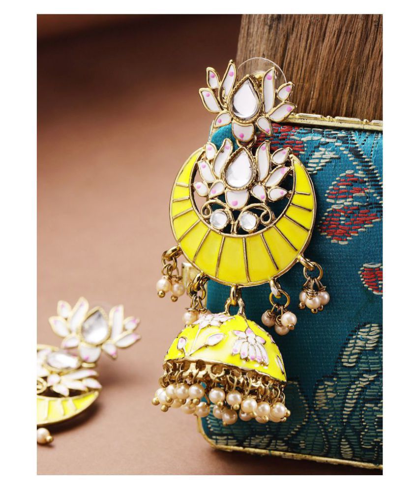     			Priyaasi Handpainted Gold Plated Yellow lotus Inspired Jhumka Earring For Women And Girls