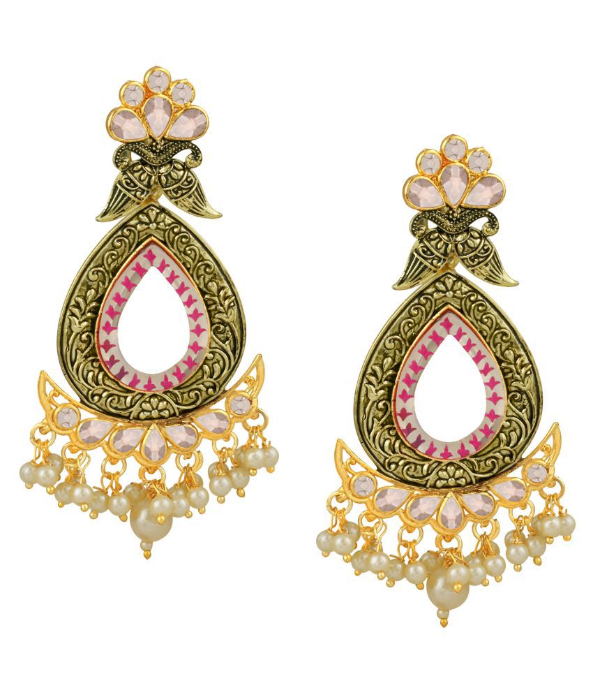     			Spargz Resin Work Alloy Gold Plated AD Diamond & Pearl Dangle Earring For Women