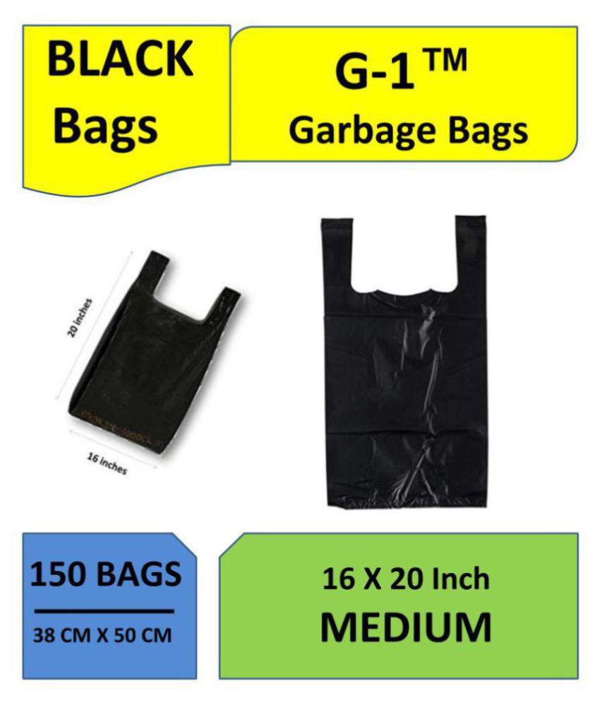     			G-1 - Garbage Bags with Handle Medium Black | 5 Packs | 150 Pcs | Dustbin Trash Waste Dustbin Disposable Covers - Size 16 X 20 inch