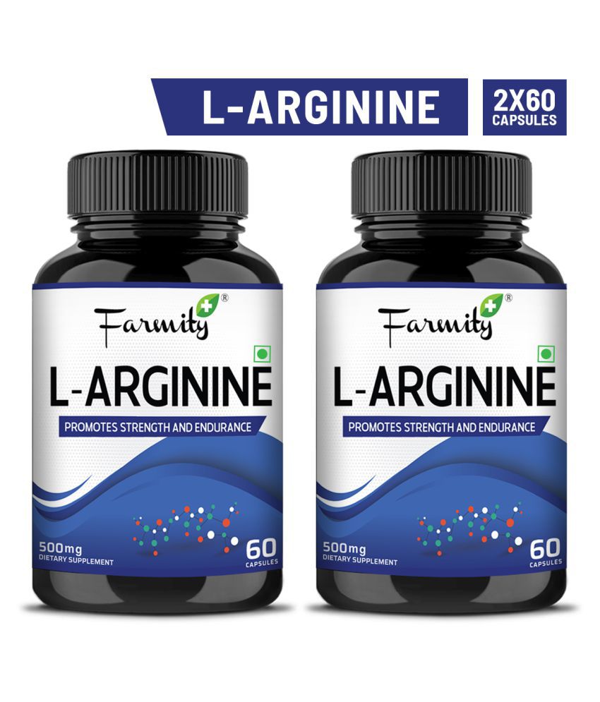 farmity L-Arginine Nitric Oxide Booster Supplement To Boost Energy, Muscle Growth, Heart Health, Vascularity & Strength For Men and Women - 60 Capsule 500 mg Pack of 2