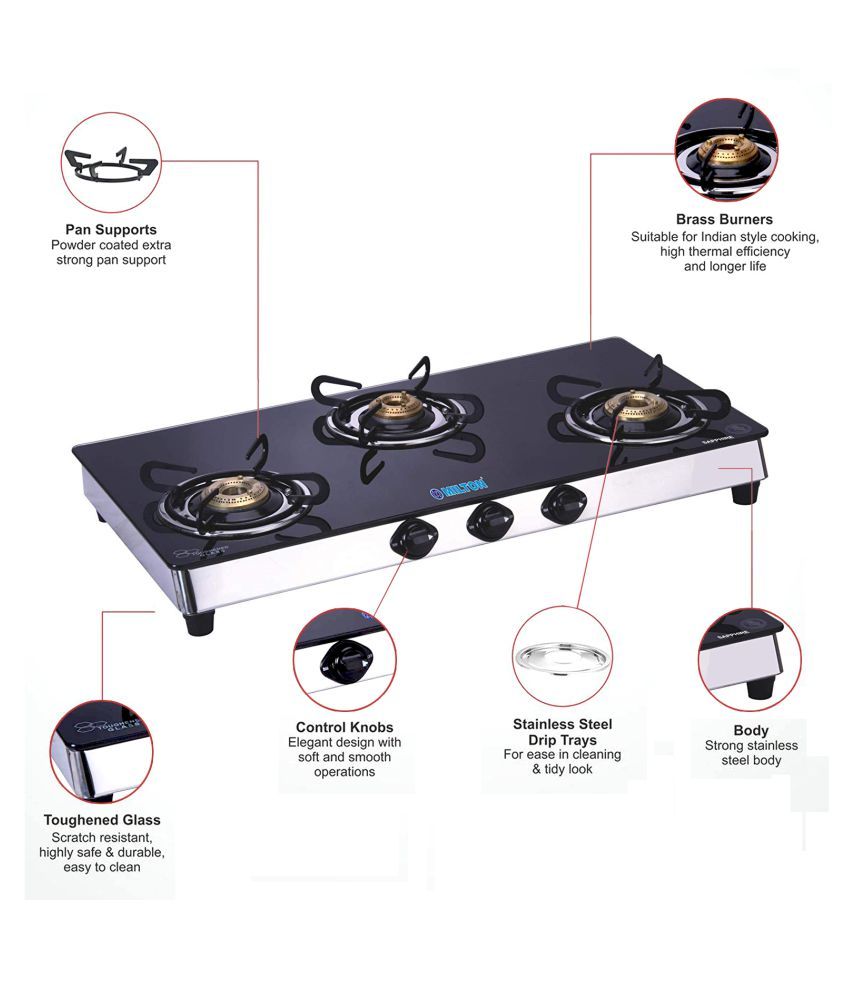 Milton Toughened Glass Top 3 Burner Manual Gas Stove Price in India
