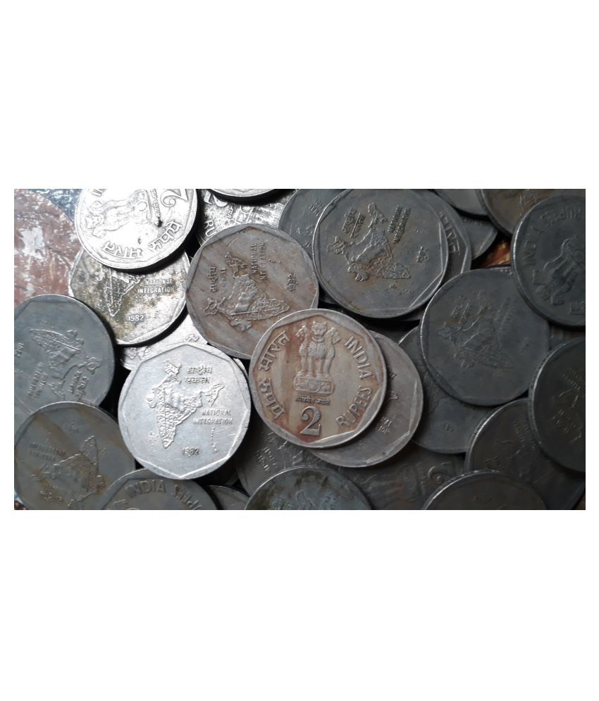     			100 Coins LOT - 1982 - 2 Rupees Copper Nickel - 8.0 Grams Big Sized DABBU Coin - India CIRCULATED Condition. for PUJA PURPOSE