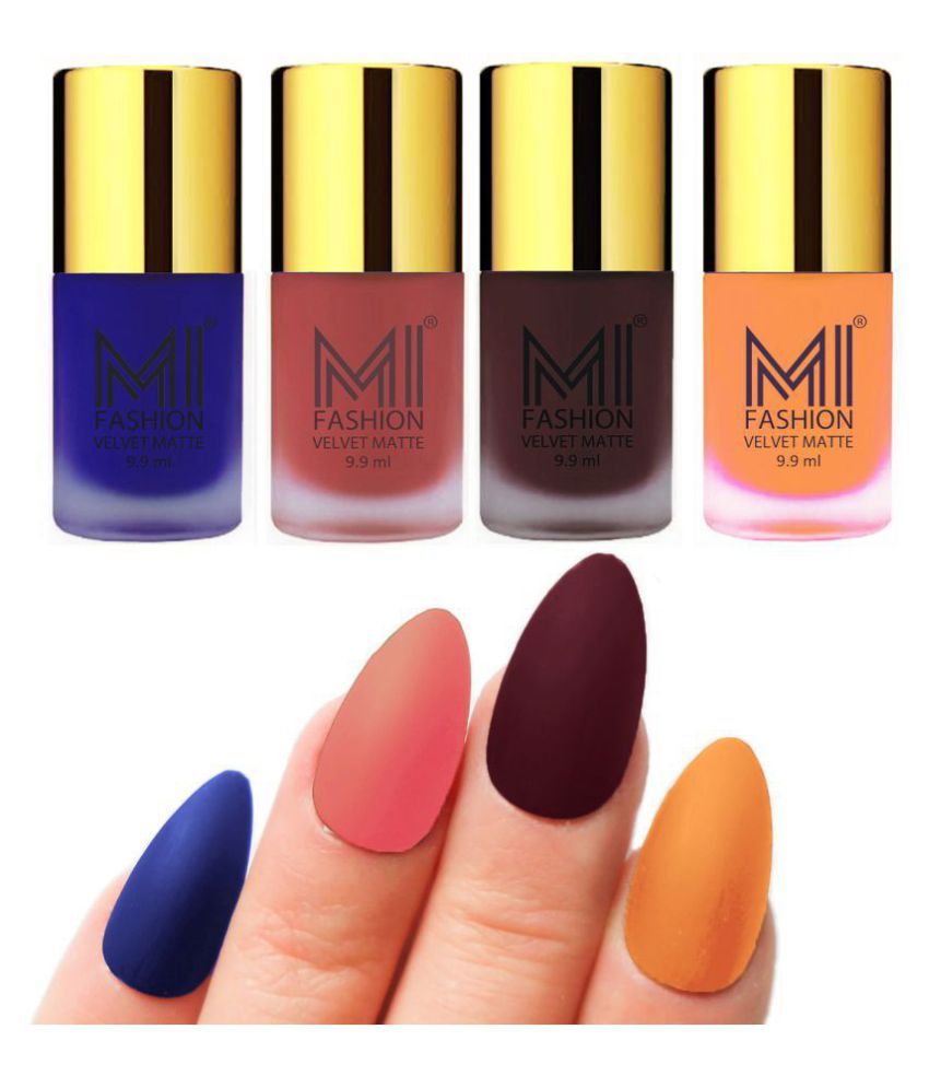     			MI FASHION Matte Nail Paint Set Combo Peach Nail Polish Royal Blue,Saffron Wine Matte Pack of 4 40 mL