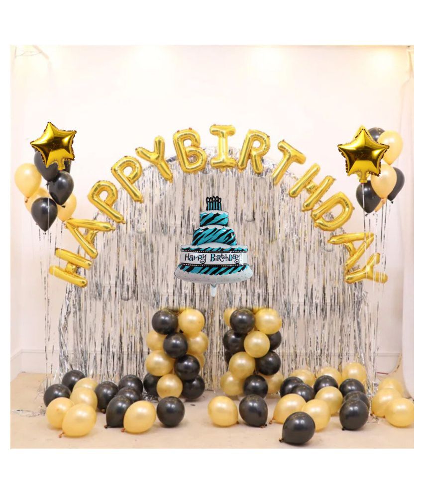     			Pixelfox Happy Birthday Golden Foil(16 Inch) + 1 Cake Foil + 2 Stars Foil (10 Inchs)(Golden)+ 2 Curtain (Silver)+ 30 Balloons (Golden, Black) for  birthday decoration kit, birthday balloon decoration combo for Boys, Girls, Kids, husband and Wife.