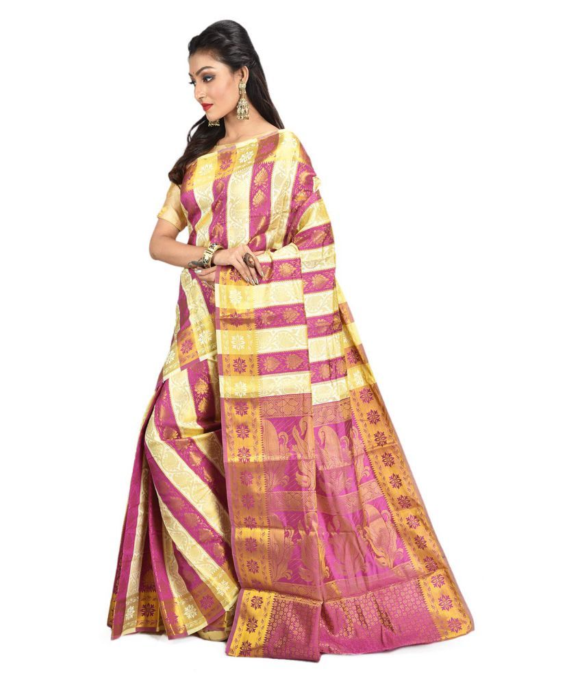 Desh Bidesh Pink,White Kanchipuram Saree - Buy Desh Bidesh Pink,White ...