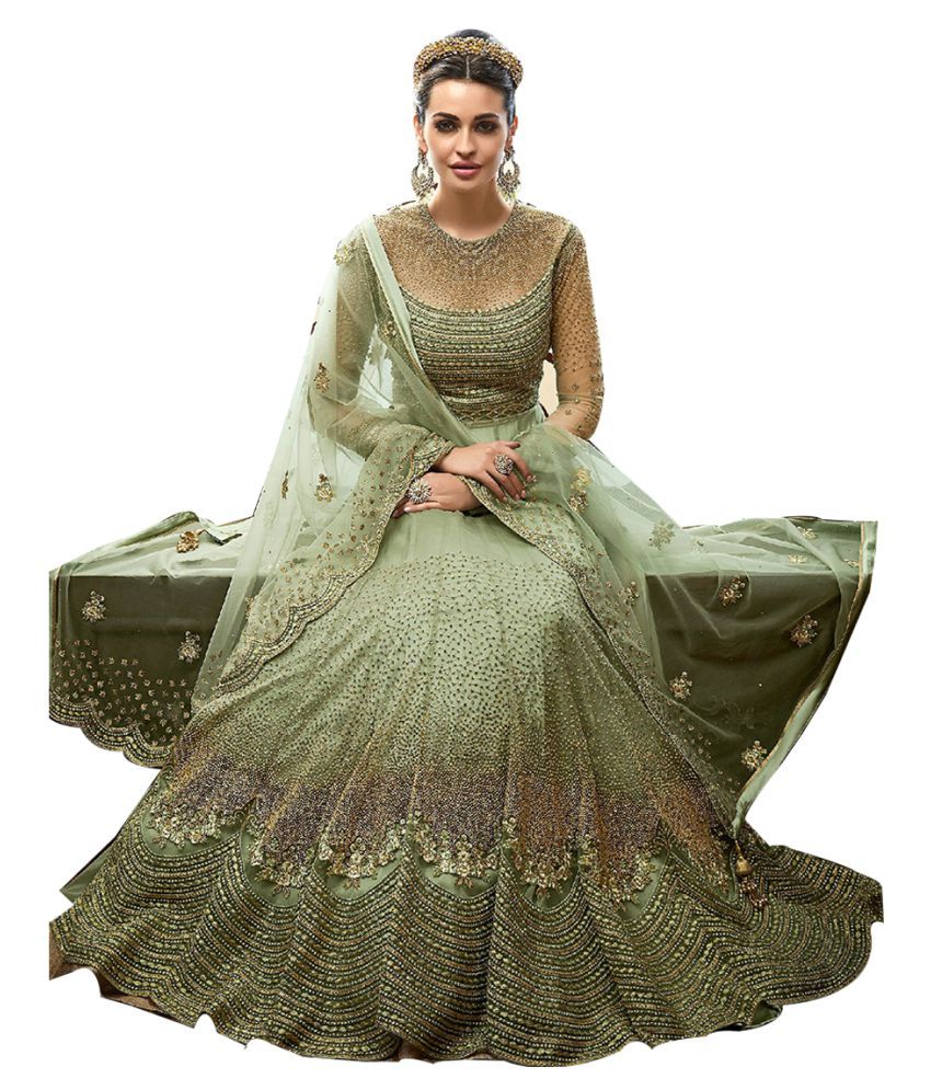 Eharaanarkaligown Green Georgette Anarkali Semi-stitched Suit - Buy 