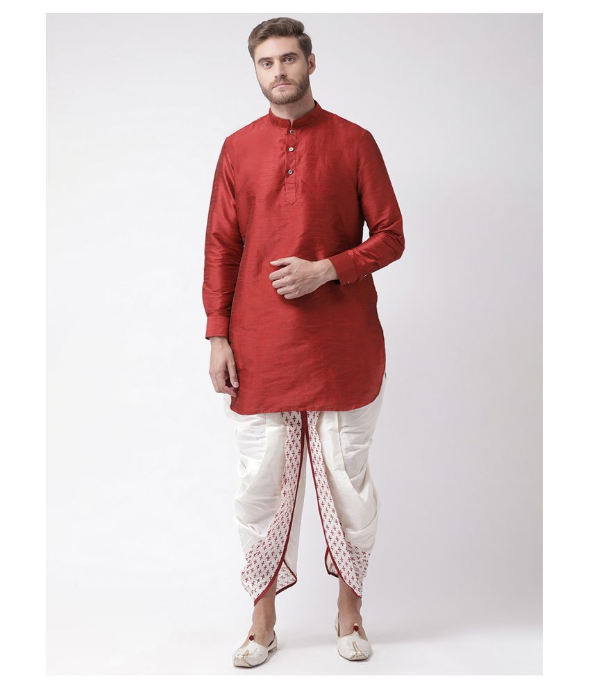     			Deyann Red Silk Blend Dhoti Kurta Set