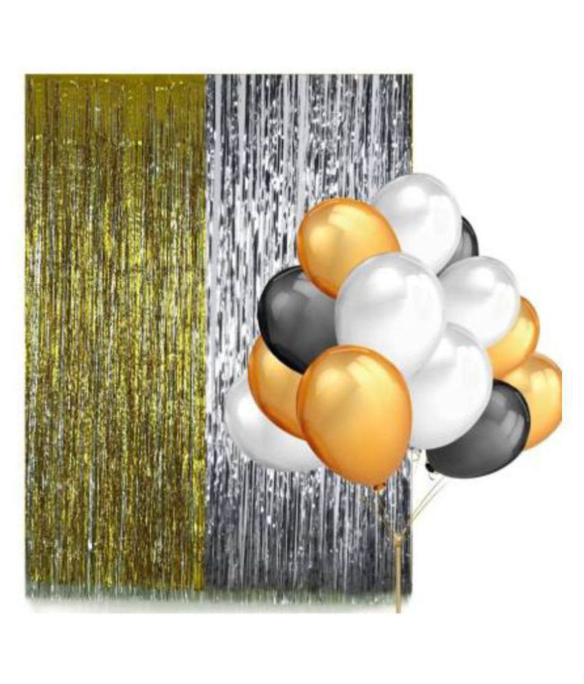     			Party Decoration Set For Birthday, Anniversary - 2 Curtain(golden nd silver) with metallic balloons (Black,White & Golden) - 30 pcs
