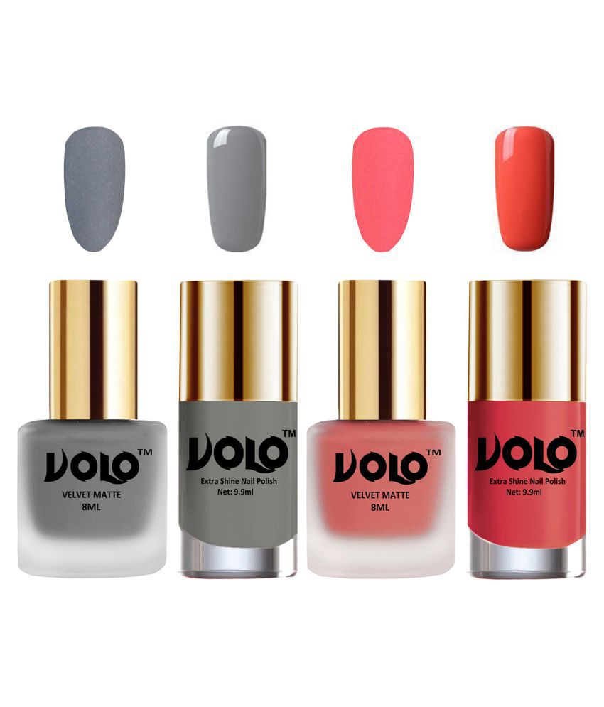     			VOLO Extra Shine AND Dull Velvet Matte Nail Polish Grey,Peach,Grey, Coral Glossy Pack of 4 36 mL