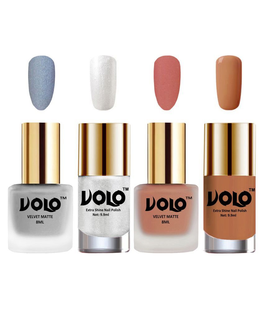     			VOLO Extra Shine AND Dull Velvet Matte Nail Polish Silver,Peach,Silver, Nude Matte Pack of 4 36 mL