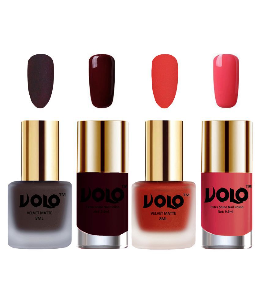     			VOLO Extra Shine AND Dull Velvet Matte Nail Polish Coffee,Coral,Maroon, Pink Matte Pack of 4 36 mL