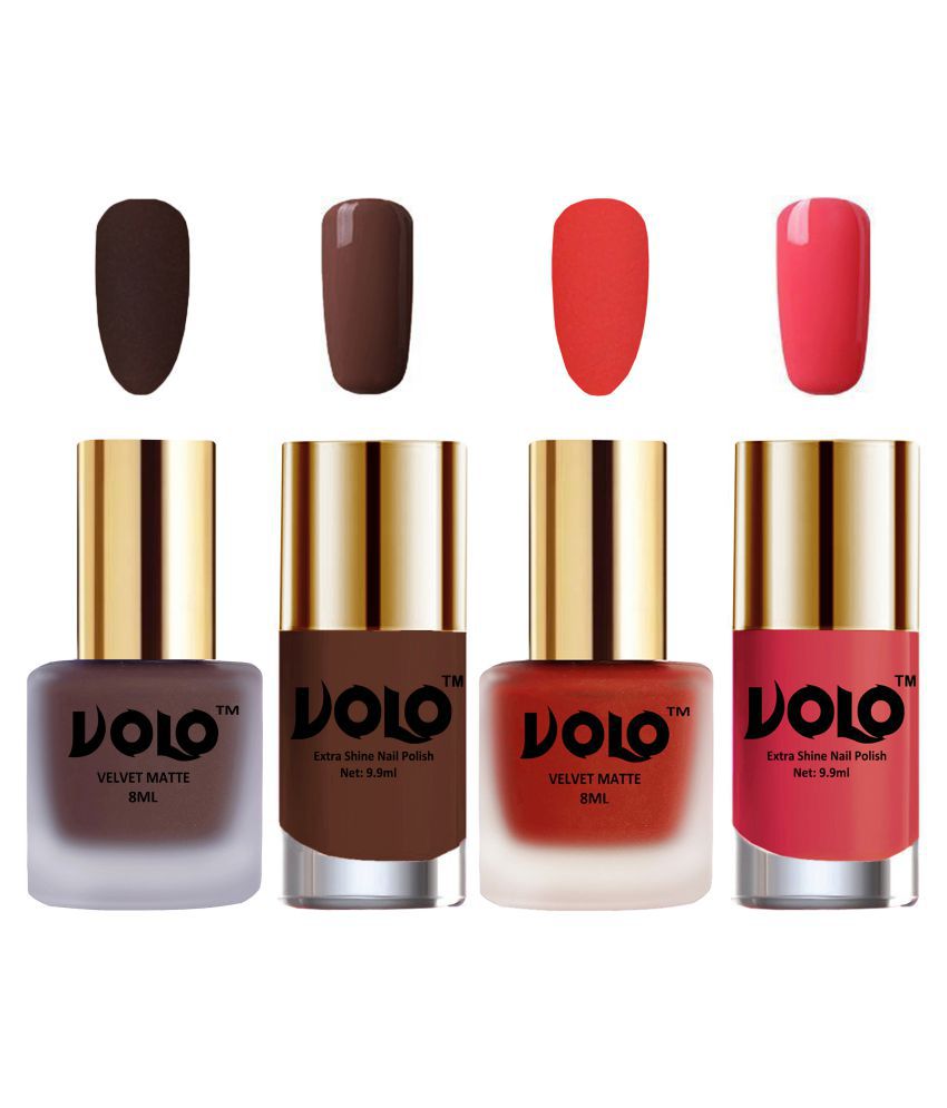     			VOLO Extra Shine AND Dull Velvet Matte Nail Polish Brown,Coral,Brown, Pink Matte Pack of 4 36 mL