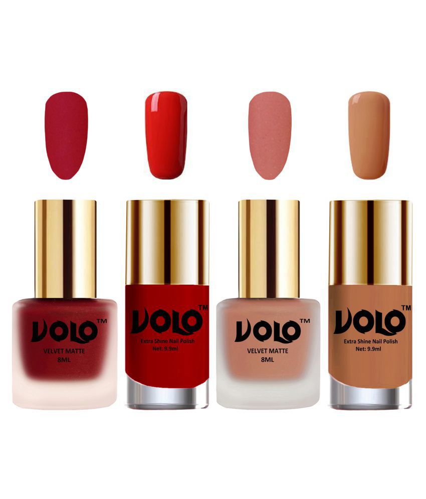     			VOLO Extra Shine AND Dull Velvet Matte Nail Polish Red,Peach,Orange, Nude Glossy Pack of 4 36 mL