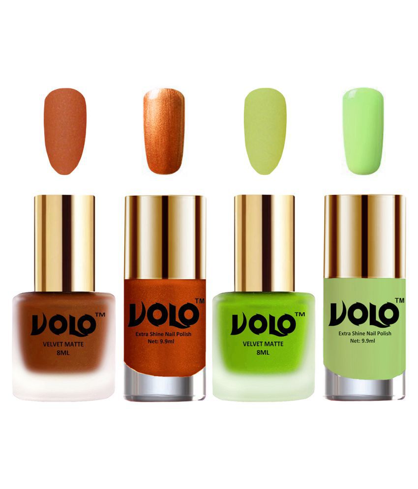     			VOLO Extra Shine AND Dull Velvet Matte Nail Polish Coral,Green,Gold, Green Glossy Pack of 4 36 mL