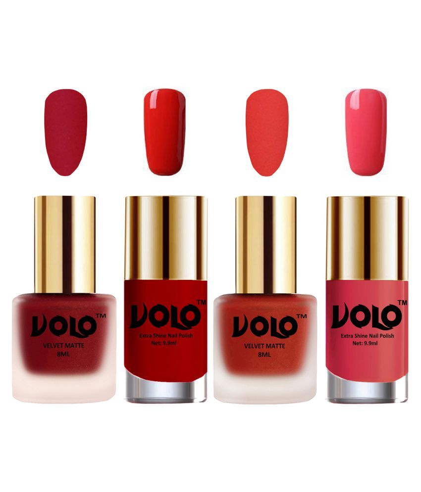     			VOLO Extra Shine AND Dull Velvet Matte Nail Polish Red,Coral,Orange, Pink Glossy Pack of 4 36 mL