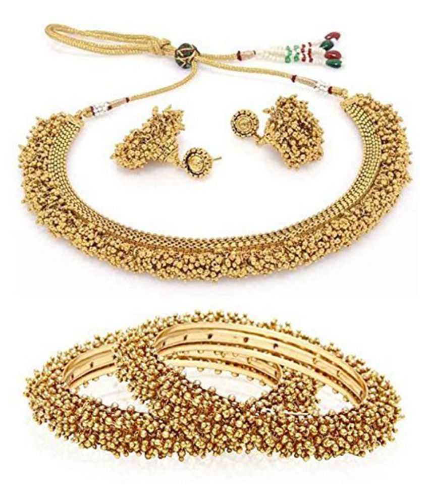     			Zeneme Traditional Gold Plated Wedding Necklace Set & Bangle Set Jewellery For Womens & Girls